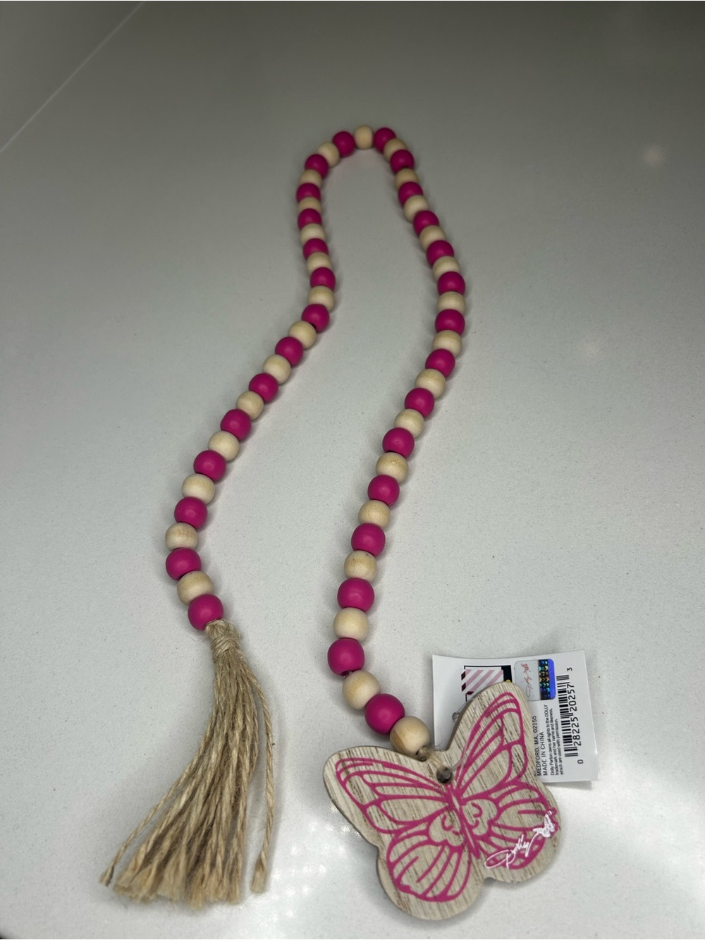 NWT Dolly Parton Pink & Natural Wooden Bead garland with Butterfly Pendant